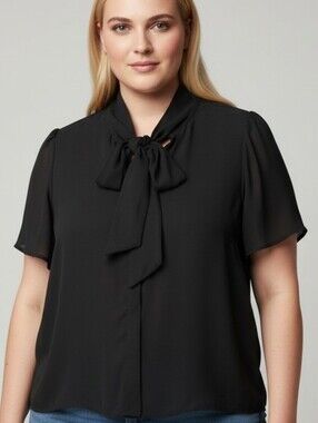 Reitmans Signature Black Short Sleeve V-Neck Sheer Top